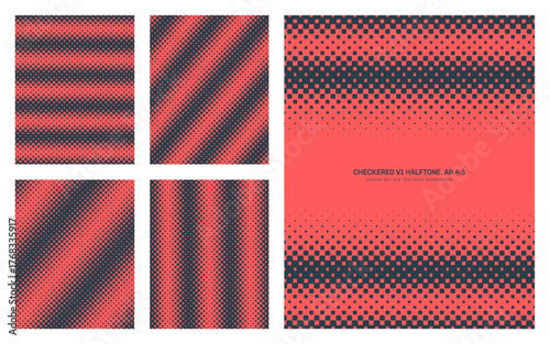 Assorted vector red black checkered halftone pattern set in vertical 4:5 aspect ratio including faded frame and various striped textures. Different dotted half tone graphic design elements bundle