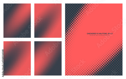 Assorted vector red black checkered halftone pattern set in vertical 4:5 aspect ratio including tilted elliptical frame and various smooth textures. Varied half tone graphics design elements pack