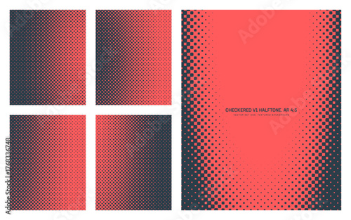 Assorted vector red black checkered halftone pattern set in vertical 4:5 aspect ratio including elliptical frame and various smooth textures. Varied dotted half tone graphic design elements collection