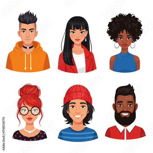 Diverse group of six cartoon avatars featuring men and women with unique hairstyles and outfits, modern flat vector illustration ideal for profile icons, social media, or creative design use.