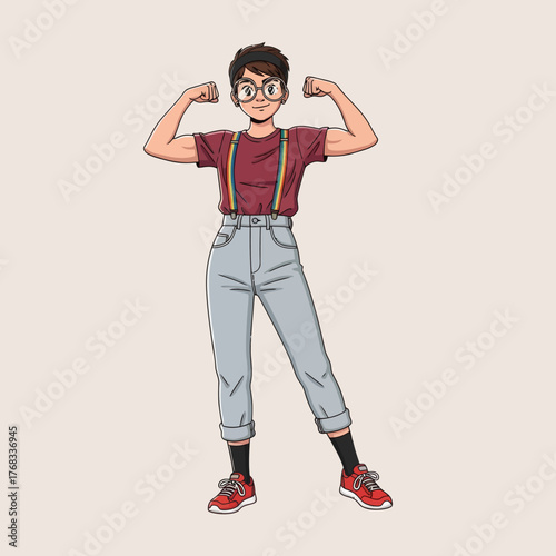 Confident young boy flexing his muscles, wearing glasses, red cap, suspenders, and sneakers. Fun cartoon vector illustration symbolizing confidence, empowerment, and youthful energy.