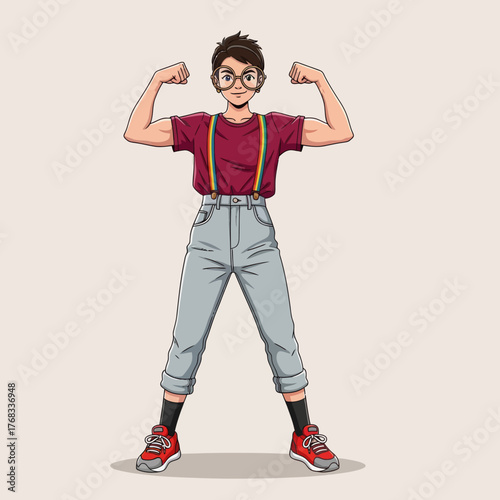 Confident young boy flexing his muscles, wearing glasses, red cap, suspenders, and sneakers. Fun cartoon vector illustration symbolizing confidence, empowerment, and youthful energy.