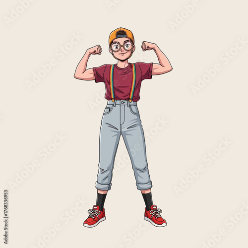Confident young boy flexing his muscles, wearing glasses, red cap, suspenders, and sneakers. Fun cartoon vector illustration symbolizing confidence, empowerment, and youthful energy.
