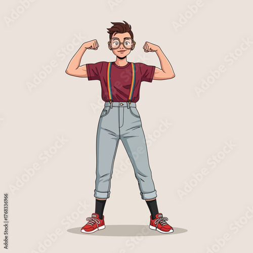 Confident young boy flexing his muscles, wearing glasses, red cap, suspenders, and sneakers. Fun cartoon vector illustration symbolizing confidence, empowerment, and youthful energy.