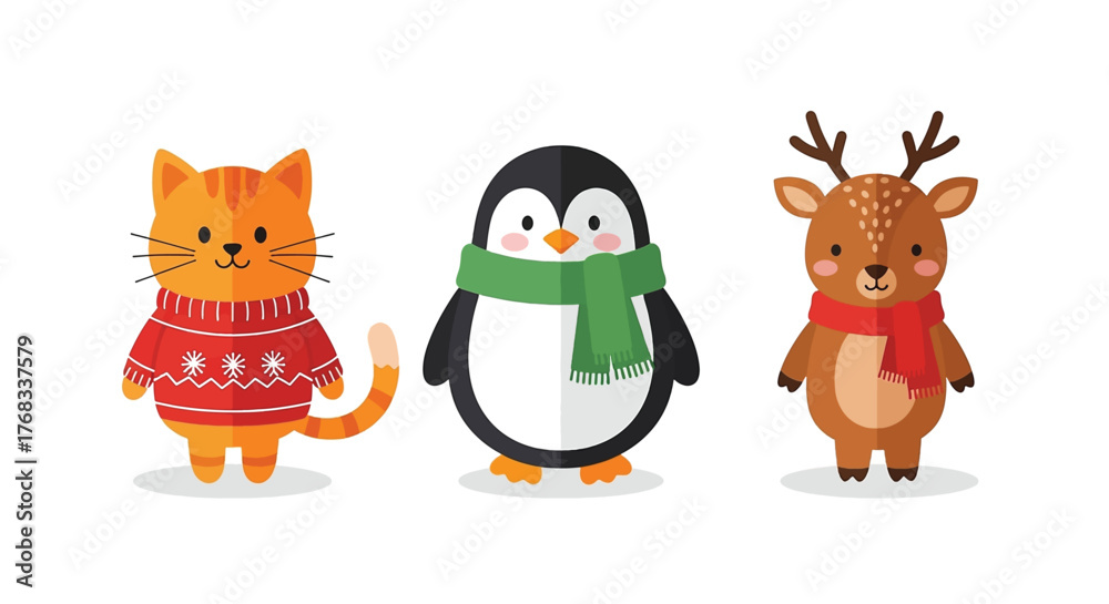 Naklejka premium Adorable cartoon cat penguin and reindeer dressed for winter holidays.