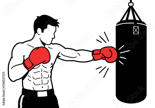 Powerful athlete in red gloves hitting a sandbag. A vector eps illustration showing intense boxing training and exercise