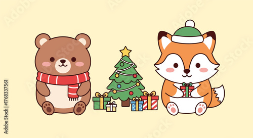 Adorable cartoon bear and fox with Christmas tree and presents.