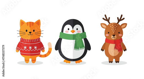 Adorable cartoon cat penguin and reindeer dressed for winter holidays.