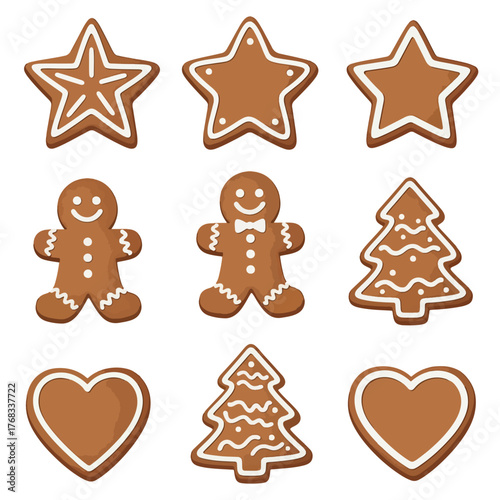 Assortment of Decorated Gingerbread Cookies in Various Festive Shapes.