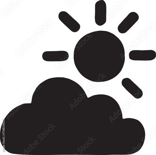 Hand-drawn sun and cloud doodle camping icon, ideal for outdoor, travel, and nature adventure design.