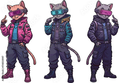 Futuristic cyberpunk cats in neon jackets and VR glasses standing confidently in digital sci-fi character illustration