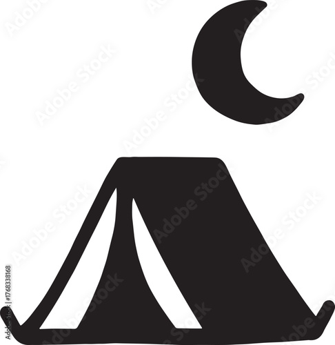 Hand-drawn tent under moon doodle vector, ideal for camping, night adventure, and outdoor travel design.