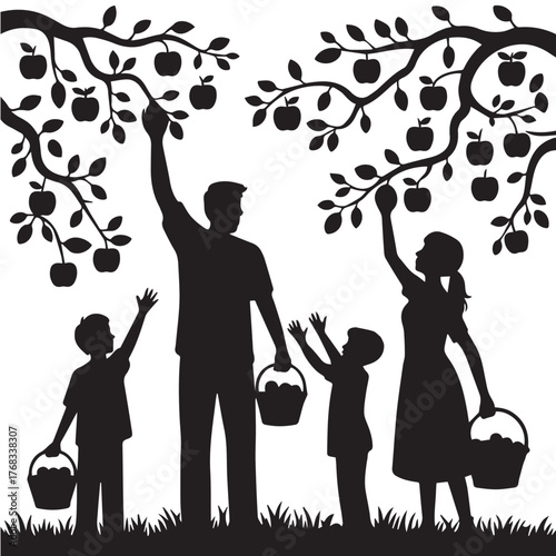 Family Apple Picking Silhouette Vector