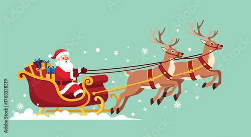 Santa Claus riding a sleigh pulled by reindeer delivering gifts during Christmas.