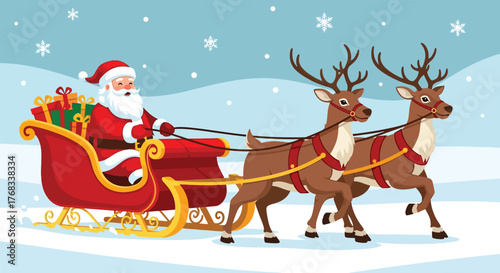 Santa Claus riding a sleigh pulled by two reindeer through a snowy landscape.