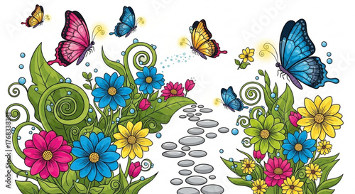 A whimsical butterfly garden, showcasing colorful flowers, winding paths, and fluttering butterflies, creating a serene and enchanting scene