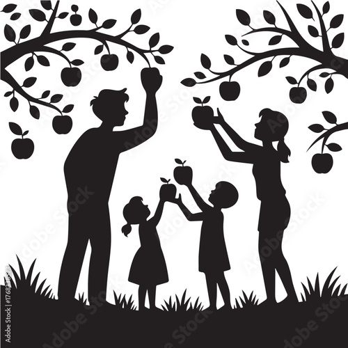Family Apple Picking Silhouette Vector