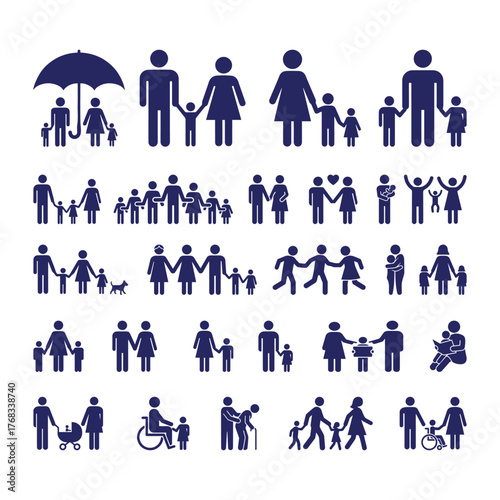 Collection of family icons showing parents, children, elderly, and inclusive figures. Perfect for healthcare, social services, parenting, and community design projects.