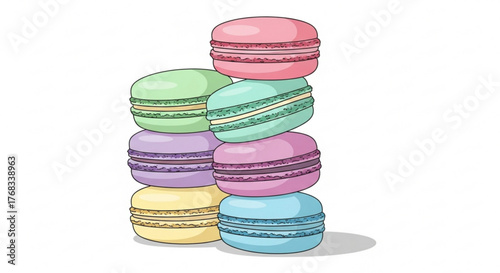 A delightful stack of colorful macarons, , showcasing a tempting assortment of pastel shades and delicate textures in a sweet arrangement