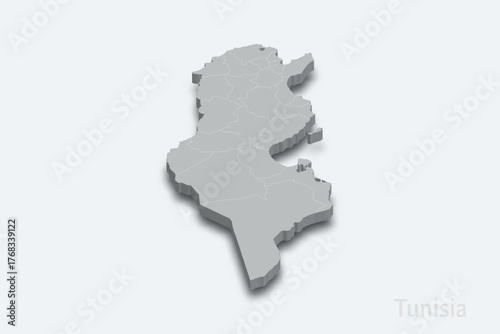 Tunisia 3d map with borders regions