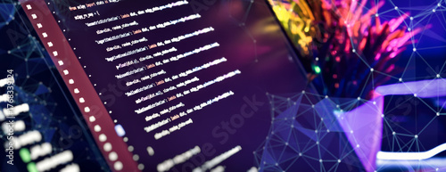 Tableau sur toile Colorful developer workspace with neural network overlay