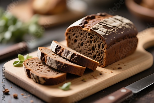 Artisan dark rye loaf sliced and styled on a cutting board.