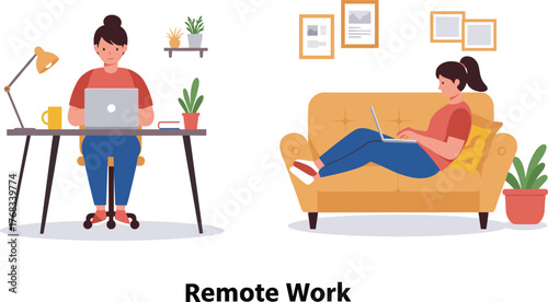 People working remotely from home using laptops on desk and sofa in modern comfortable home office illustration