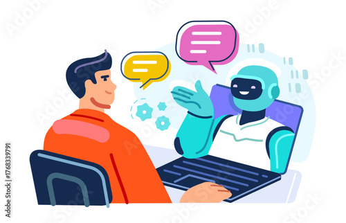 AI assistant, online consultation. Man using laptop with robot assistant. Artificial intelligence technology