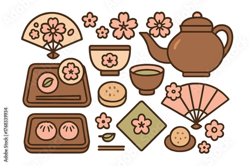 Traditional Japanese tea ceremony items and sweets with cherry blossoms and folding fans