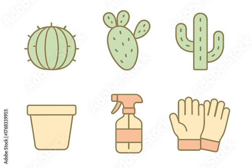 Houseplant care icons featuring various cacti, flower pot, spray bottle, and protective gloves