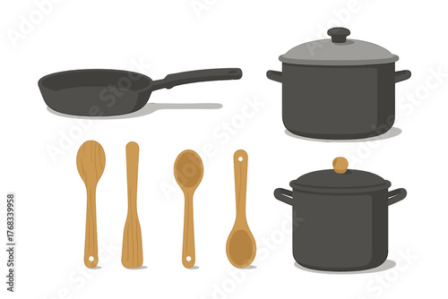 Essential kitchen cooking utensils set including frying pan, two pots with lids, and wooden serving spoons