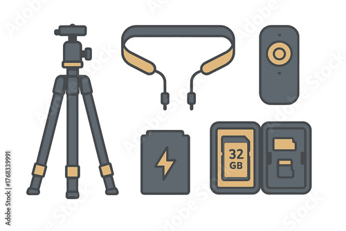 Professional photography and videography equipment set including tripod and camera accessories