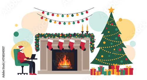 Person in Santa hat working on laptop by fireplace with Christmas tree and presents.