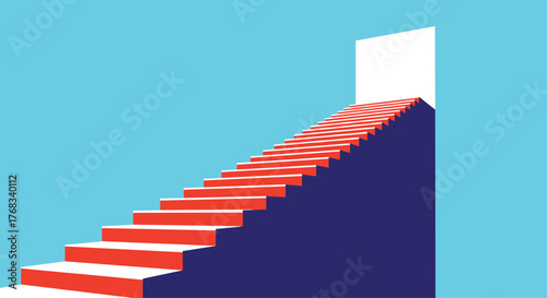Abstract illustration of a long staircase leading up to a bright, open doorway against a blue background.