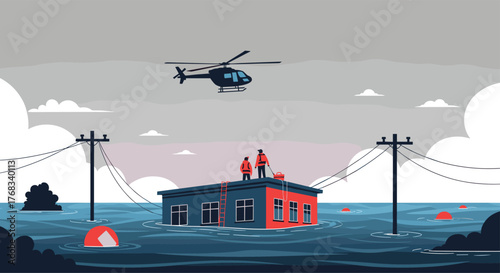 Helicopter rescues two people from a flooded building during a natural disaster.