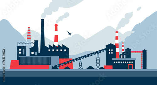 Industrial factory with smokestacks emitting smoke against a backdrop of stylized mountains.