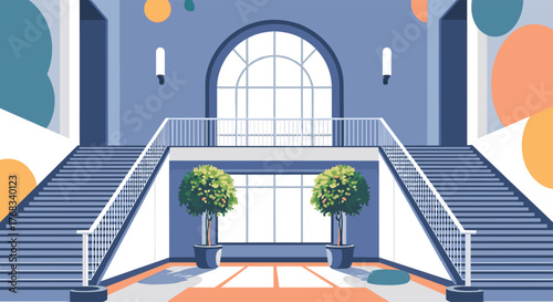 Modern interior staircase with decorative trees and arched window view.