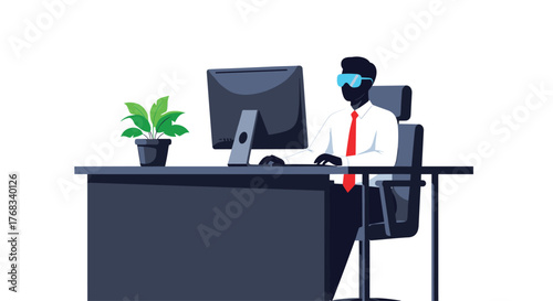 A silhouetted figure wearing VR goggles sits at a desk in front of a computer, working in an office.