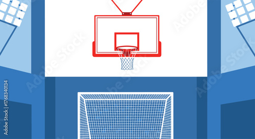 A stylized illustration of a basketball hoop above a soccer goal with abstract stadium elements.