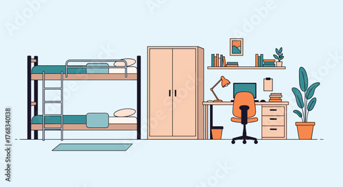 A dorm room with a bunk bed, wardrobe, and a desk with a computer.