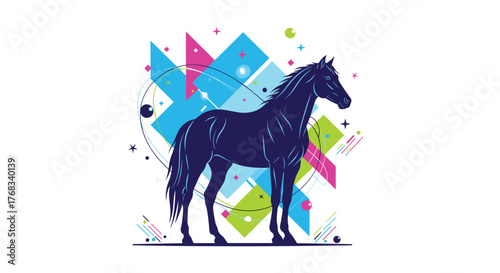 Silhouette of a dark blue horse against a vibrant abstract geometric background.