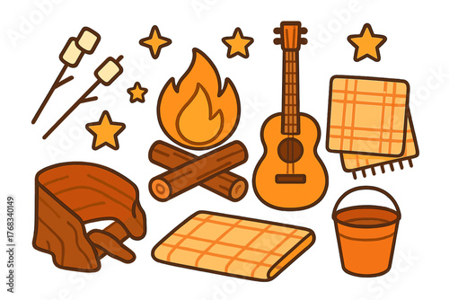 Collection of camping essentials including campfire, logs, guitar, and marshmallows for roasting