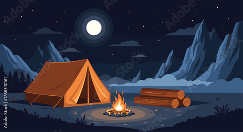 Nighttime camping scene with a tent and campfire under a full moon.