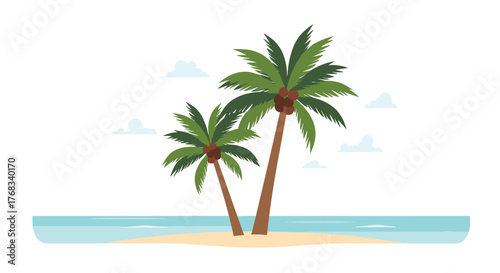 Two palm trees sway on a sandy beach with a turquoise ocean and light clouds in the sky.