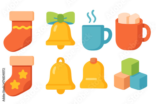 Festive winter holiday elements including stockings, bells, hot drinks, and colorful toys