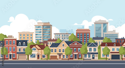 A row of diverse residential houses and modern buildings under a cloudy sky.