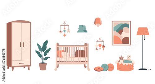 A modern nursery room setup with a crib, wardrobe, and decor elements.