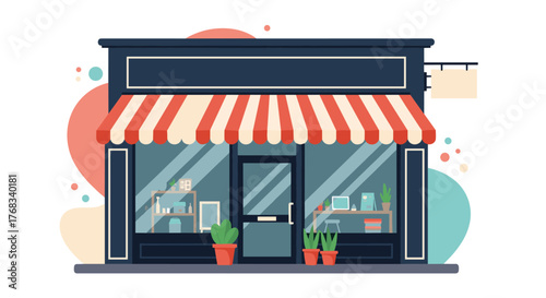 Illustration of a modern shop facade with a striped awning and displays inside.