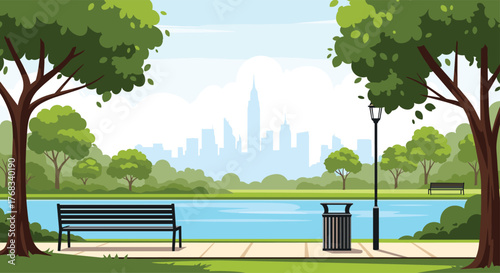 A serene park scene with a tranquil pond, city skyline, trees, and benches on a sunny day.