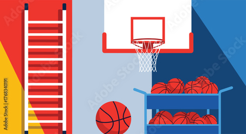 Illustration of a basketball court with a ladder, hoop, and cart full of basketballs.